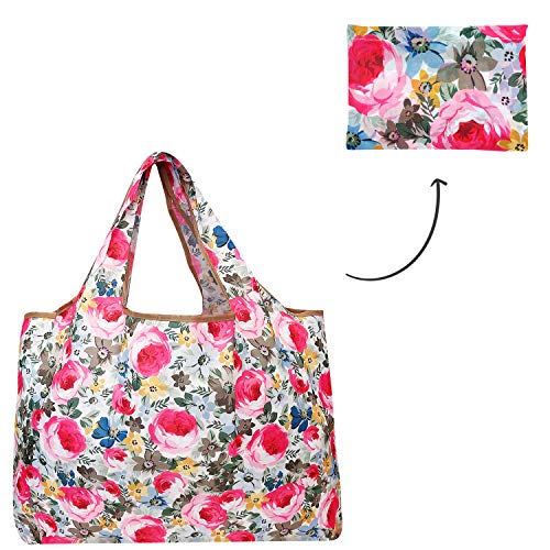alldyrew Large Foldable Tote Nylon Reusable Grocery Bag, 3 Pack - color: Floral Brights, size: Set of 3