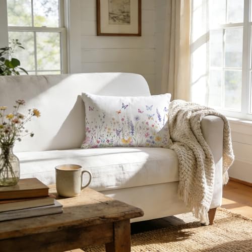 Spring Floral Butterfly Throw Pillow Cover 12x20, Farmhouse Spring Cottagecore Wildflower Butterfly Decorative Pillow Covers for Home Bedroom Living Room Bed Couch - color: 17color