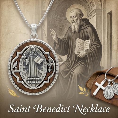 ONEFINITY Wooden Necklace Viking Wolf/St Benedict Medals/St Michael/Crucifix/St Christopher Pendant Necklace for Men Archangel Amulet Wooden Religious Jewelry Gifts for Men Women - style: St Benedict-Round
