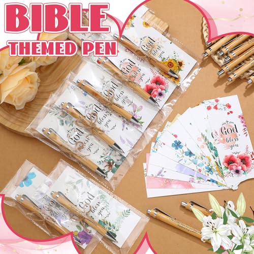 50 Set Bible Verse Bamboo Pens with Prayer Bookmarks Cards Christian Gifts Bulk Religious Church Black Ink Ballpoint Pens Inspirational Scripture Cards for Women Men VBS Student Christmas(Floral) - style: Floral