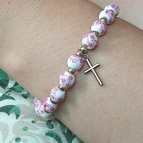 Cross Charm Bracelet for Women,Flower Floral Antique Vintage Bracelet Beaded and Cross Stretch Bracelet Aesthetic Religious Christian First Communion Baptism Confirmation Gifts Jewlery Gifts - color: Pink