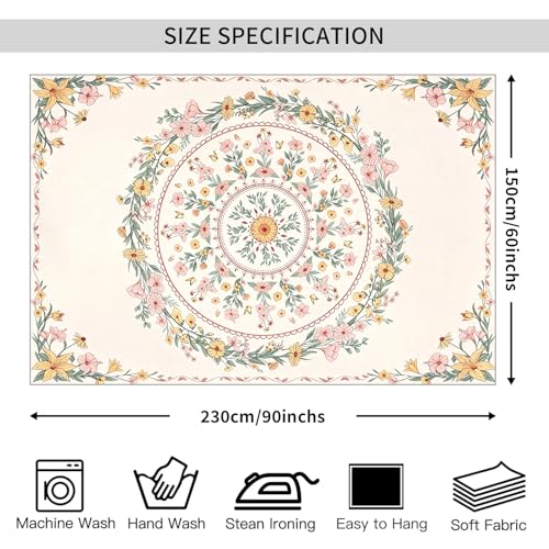 WIUHIO Bohemian Mandala Flower Tapestry Beige Pink Floral Aesthetic Wall Hanging Trendy Wildflower Medallion Print For Girly Apartment Wall Decor 60 x 90 inches - color: Beige, size: 90"L x 60"W