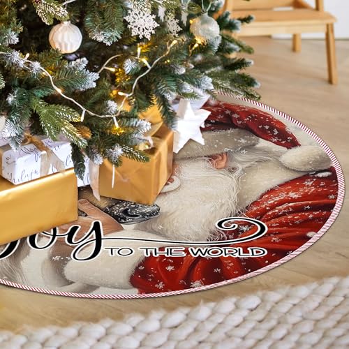 Vintage Winter Christian Christmas Tree Skirt, Joy to The World Decor, Religious Santa Reindeer Xmas Tree Mat Ornaments for Winter New Year Home Party Holiday Indoor Decor, 36 Inch - color: Joy