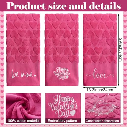 SmoothNovelty 3 Pcs 3D Valentine Day Hand Towels for Bathroom 100% Cotton Rose Pink Jacquard Decorative Soft Bath Towel Absorbent Love Mine Heart Kitchen Gift for Anniversary Wedding, 13.3" x 29.5" - color: Pink, size: 13.3 x 29.5 inches