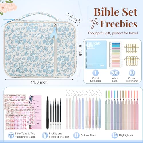 Bible Cover for Women Bible Case Large Bag Study Supplies Journaling Kit Book Carrying Case with Highlighters Christian Gifts for Women - color: Blue Flower Jumbo Pack, size: Upgraded Set