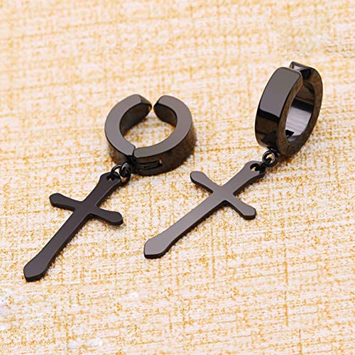 Non-pierced Earrings Set for Men Women Cross Titanium Steel Hoop Dangle Clip On Earring - style: Black