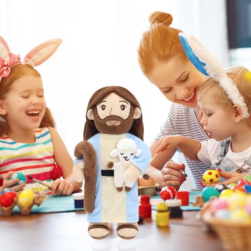 Yelakey Good Shepherd Jesus Plush Doll - 15'' Voice Jesus Holding Lamb Plush Toy Speaks 1 Story, 5 Bible Verses and 2 Children’s Songs Christian Plush Toy Gift for Kids, Easter & Sunday School