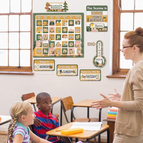 Cholemy 85 Pcs Calendar Bulletin Board Set Classroom Calendar Bulletin Board with Numbers Month Weather Classroom Decorations for Back to School Wall Chalkboard Decor Supplies(Camping Adventure) - style: Camping Adventure