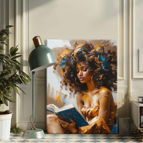 Framed Canvas Wall Art Reading Black Women Painting Print Abstract Poster Gallery Style Modern Figurative Picture 12x16 Inch Ready To Hang - color: Black women, size: 12x16 inch