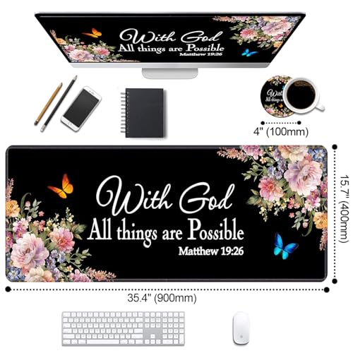 Desk Pad Mat Gaming Mouse Pads with Coasters Set, Stitched Edges Design XXL Large Mouse Pad for Laptop Computers Floral Quote Bible Verse Matthew 19:26 Desk Writing Mat for Office & Home 35.4"x 15.7" - color: Floral Quote Bible Verse Matthew 19:26, size: