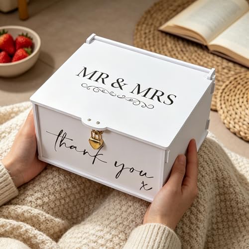Open Card Box with Lock, White Elegant Wedding Card Boxes for Reception Envelope Wishes Cash Gift, Mr & Mrs Memory Box for Keepsakes Storage Weddings Engagement Baby Bridal Shower Table Decor