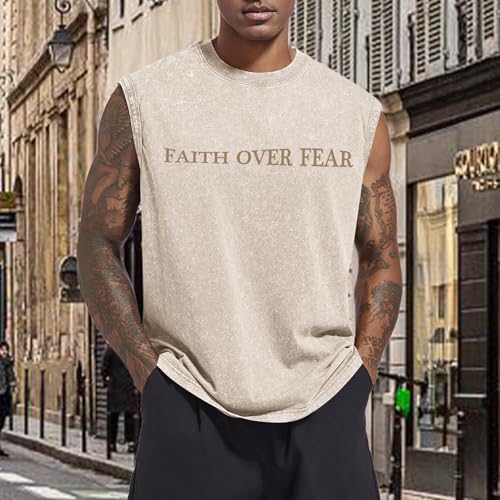 Mens Christian Sleeveless Shirts Faith Over Fear Graphic Tank Tops Gym Workout Acid Wash Tanks Cut Off Muscle Shirt - color: Apricot, size: XX-Large