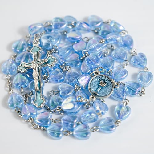 Rosary Beads Catholic for Women - Pearl Beads with Classic Cross, Virgin Mary Zippered Prayer Box, First Communion Gifts, Baptism Confirmation Jewelry - color: Communion-Blue