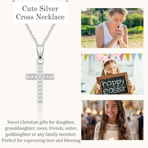 Cross Necklace for Girls Women, Baptism Easter First Communion Confirmation Gifts - 16"+2" Silver Plated Tiny Cross Necklace, Religious Jewelry Gifts for Daughter Granddaughter Goddaughter - style: Happy Easter