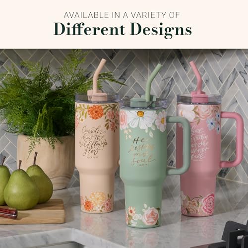 Christian Art Gifts Extra Large Stainless Steel Double-Wall Insulated Inspirational Scripture Travel Mug Tumbler for Women: Wildflowers Grow Verse, Reusable Straw, Twist Lid, Peach Pink Floral, 40 oz. - color: Peach Pink Floral/Wildflowers Grow