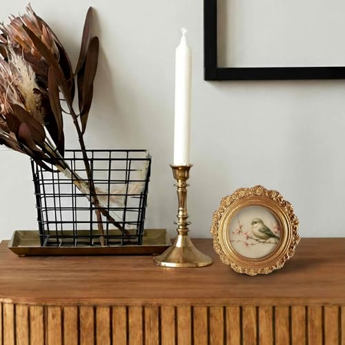 Small Vintage Bird Spring Round Picture Frame Wall Decor, Flower Gold Mini Ornate Photo Frame for TableTop Desk 2.7in Photo, Rustic Farmhouse Framed Artwork for Walls Office Bedroom Shelf - color: bird