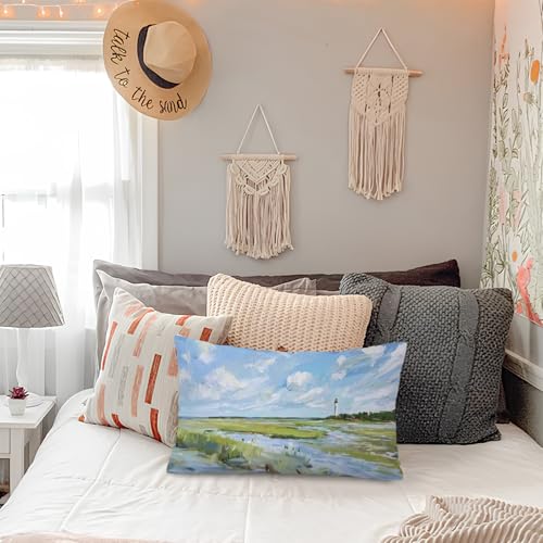 Lacama Vintage Coastal Beach 12x20 Pillow Cover, Beach House Room Decor, Coastal Marsh Landscape Lighthouse Decorative Lumbar Throw Pillow Covers Pillowcases for Couch Bed Home Bedroom Living Room - color: Blue-coastal