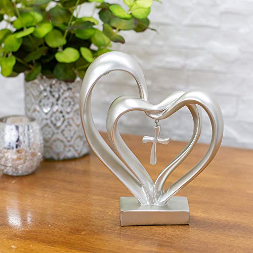 Marriage Takes Three Matte Silver Finish 13X8 inch Cross in Middle of Hearts Tabletopper - color: Silver Tone