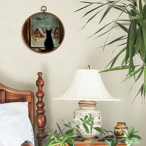 BCUANGD Christmas Round Wall Art Decor - Vintage Winter Black Cat Wall Art Canvas Frame Artwork Prints, Rustic Holiday Xmas Cottage Round Wall Hanging Decorations for Home Farmhouse, 10"x10" - color: Christmas-10