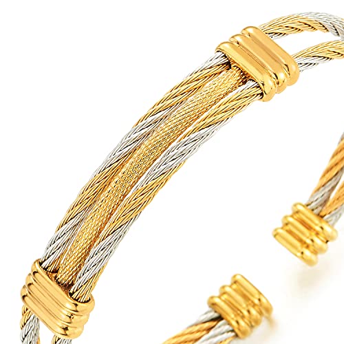 Men Women Stainless Steel Twisted Cable Adjustable Cuff Bangle Bracelet - color: E-Metal Color: Silver & Gold-01