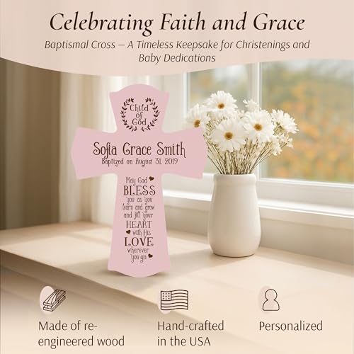 LifeSong Milestones Personalized Baptism Wall Cross - Engraved Pink Wood Christian Cross with Name & Date, Child of God Blessing, Christening & First Communion Gift (Pink, 8.5" x 11") - color: Pink, size: 11"L x 8.5"W