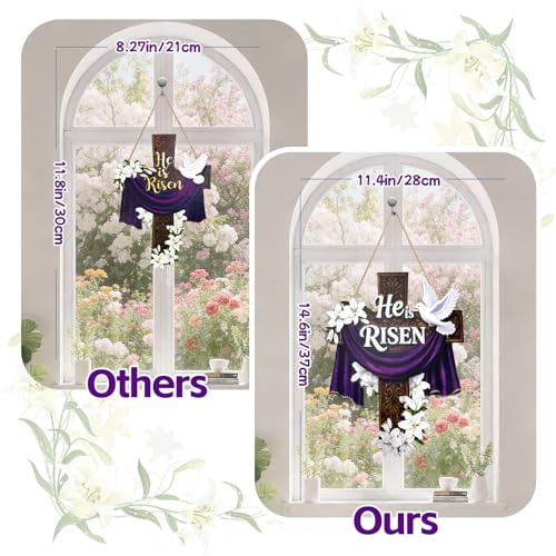 14.6 Inches Easter Door Sign He Is Risen Hanging Decor Religious Cross Sign Easter Wreaths for Front Door Christian Lily Flowers Lent Hanging Hanger for Farmhouse Front Porch
