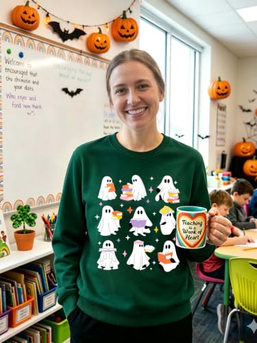 Teacher Halloween Sweatshirt Women Cute Ghost Reading Books Tops - color: C-green, size: Small
