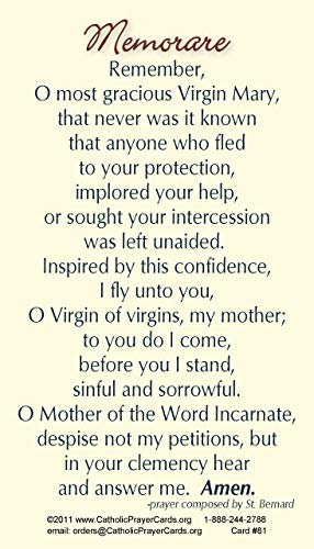 Virgin Mary Memorare LAMINATED Holy Card (5-pack) with Two Free Prayer Cards Included