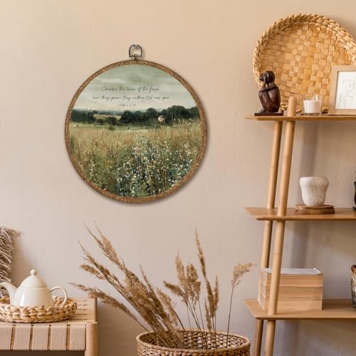 WMSYUO Wildflowers Scripture Wall Art,Vintage Natural Scenery Canvas Print with Round Frame,Religious Bible Verse Psalm 136:1, Hanging Wall Decor For Living Room Prayer Room (Green-Matthew 6:28) - color: Green-Matthew 6:28