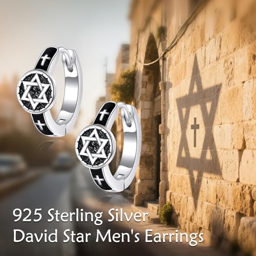 AOBOCO Black Hoops Earrings for Men Sterling Silver Viking Celtic Cross Heart Skull Round Triangle Hoop Earrings Birthday Father Day Christmas Jewelry Gifts for Men Women Friends - style: Star of David Hoops