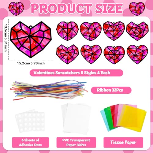 32 Sets Heart Suncatchers Craft Kit for Valentine's Day DIY Window Stained Glass Paper Pink Love Home School Classroom Decor Valentines Art Craft Creative Activity Project Kid Christmas Gift Favor - style: Valentines
