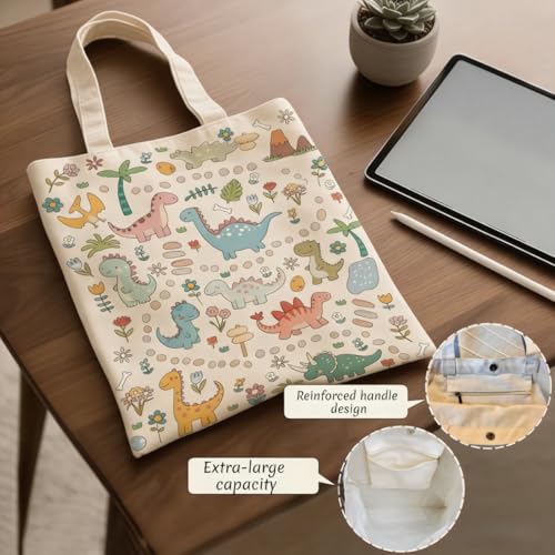 Canvas Tote Bags Reusable Shopping Bag for Women with Zippered Inner Pocket Magnetic Snap Closure - color: Dinosaur