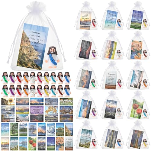 Bememo 50 Sets Christian Gifts Bulk Bible Verse Cards Include Little Jesus Figures Prayer Cards and Organza Bags for Religious Party Favors Sunday Baptism Gifts(Landscape Style,Bright) - color: Bright, style: Landscape Style