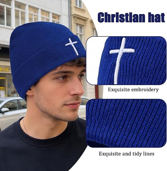 Unisex Stretch Warm Winter Skull Cap, Cold Weather Knit Beanie - color: Blue - 3d Cross Embroidery