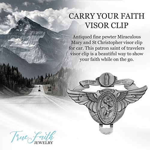True Faith Jewelry Pewter Winged Miraculous Mary and St Christopher Visor Clip for Car, Patron Saint of Travelers, Gift for New Driver, Fine Pewter (92% Tin), 2 x 3 Inch - size: St. Christopher 3