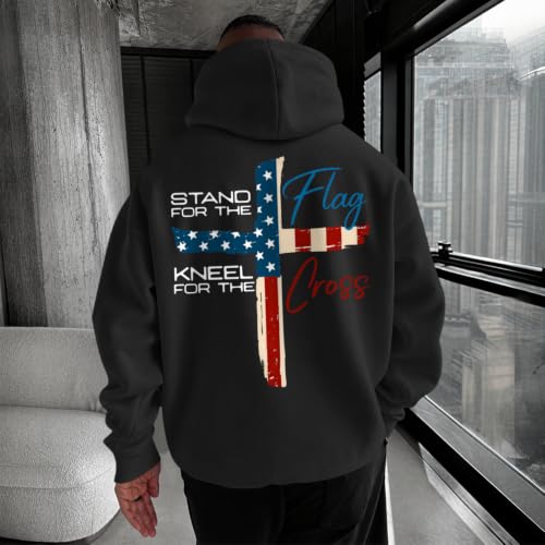 Tuislay Mens Christian Stand for The Flag Kneel for The Cross Hoodies Jesus Faith American Flag Sweatshirts Religious Sweater - color: Black, size: Large