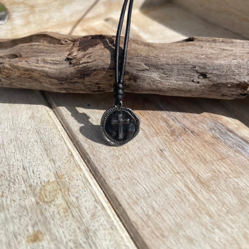 Cross Necklace Mens - Men Cross Coin, Religious Pendant, Medallion Necklaces, Christmas Gift, Catholic Pendant, Christian Charms, Women Gifts to Husband, Cute Crosses - color: Gunmetal, style: Black Leather