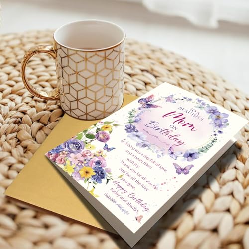 Romantic Birthday Card for Mom Stepmom, Happy Birthday To Mom Card Gift from Son Daughter, Floral Butterfly Mom Birthday Greeting Card for a Beautiful Mother - color: #6