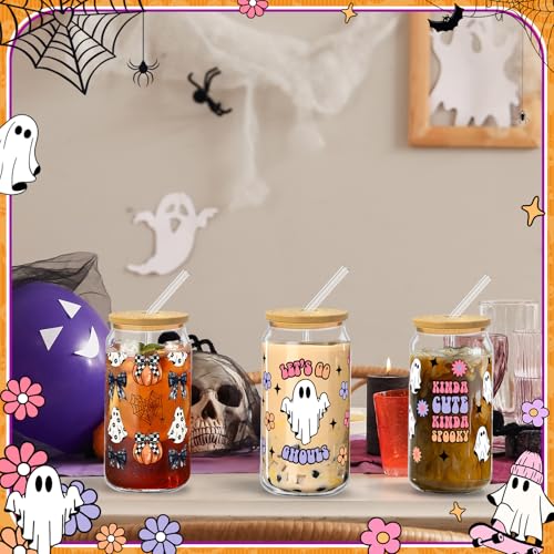 Halloween Glass Cups with Lids and Straws, 6Pack, 16oz, Ghost Pink - style: Floral Halloween