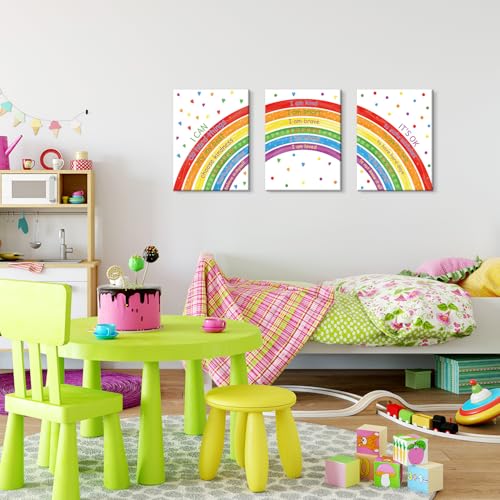 HOURIA Framed Rainbow Kids Affirmations Canvas Wall Art,(3PCS.12 x16“) I Can I Am It's OK Inspirational Wall Art,Positive Motivational Rainbow Decor for Classroom Playroom Nursery - color: Rainbow Affirmations Wall Art, size: 12X16inches