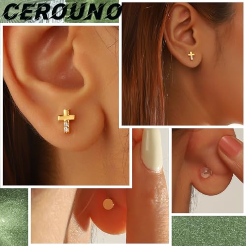CEROUNO Flat Back Stud Earrings - 925 Sterling Silver Post Flatback Earrings Gold Silver Cubic Zirconia Earrings Studs for Women - color: Gold Cross
