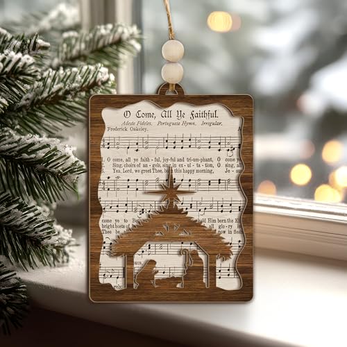 Nativity Hymn Ornament “O Come, All Ye Faithful” – Wooden Christmas Tree Decoration with Hymn Sheet & Holy Family Silhouette Ornament – Christian Holiday Keepsake & Religious Gift
