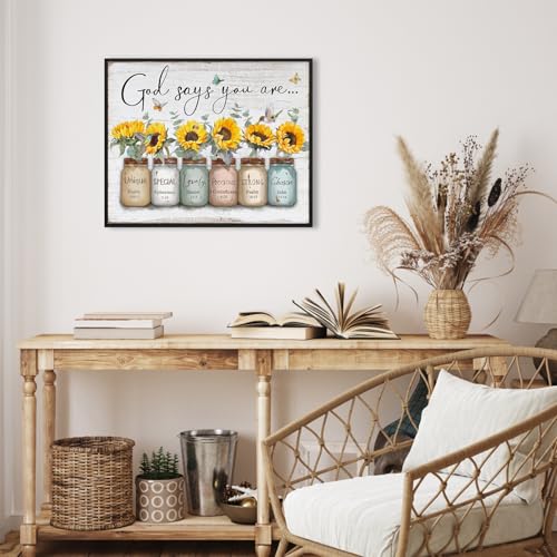 God Says You Are Wall Art: Christian Wall Art Framed Inspirational Quotes Bible Verse Wall Decor for Living Room Bedroom,Sunflower Pictures Religious Scripture Wall Art Prints Posters 12"x15" - color: Sunflower, size: 12"L x 15"W