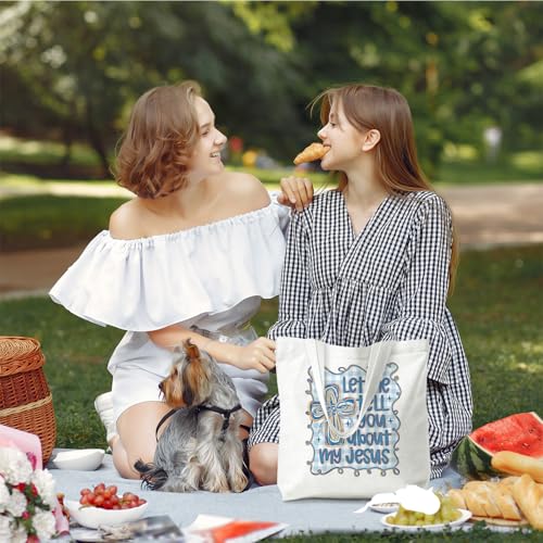 Bible Tote Bags Cute Christian Preppy Canvas Tote Bag Christian Gifts for Women Reusable Shopping Bags(Parent) - color: Let Me Tell You About My Jesus-2-blue