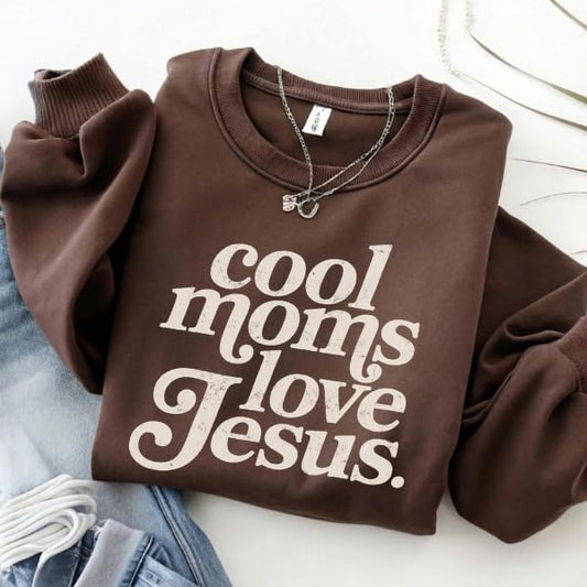 FITIN Cool Moms Love Jesus Christian Graphic Crewneck Sweatshirt – Distressed Design Faith-Based Pullover - color: Brown, size: XX-Large
