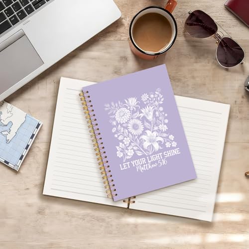 Boho Purple Floral Christian Notebook Journal, Motivational Bible Verses Let Your Light Shine Religious Spiral Hardcover Notebook Journal for School Office Work, 5.5x8.3 Inch - color: Purple Floral Bible