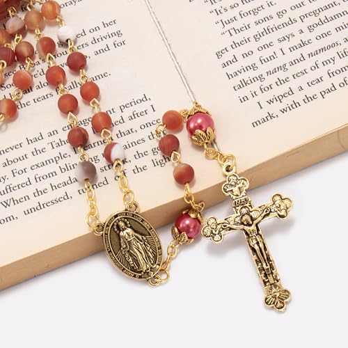 Nazareth Store Catholic Rosary Necklace Matte Stone Beads Green Pearl Round Beads Miraculous Medal & Cross - Velvet Bag - color: Red
