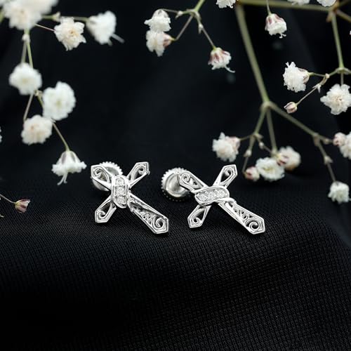 Certified Moissanite Catholic Cross Stud Earrings in Silver, D-Vs1 Quality