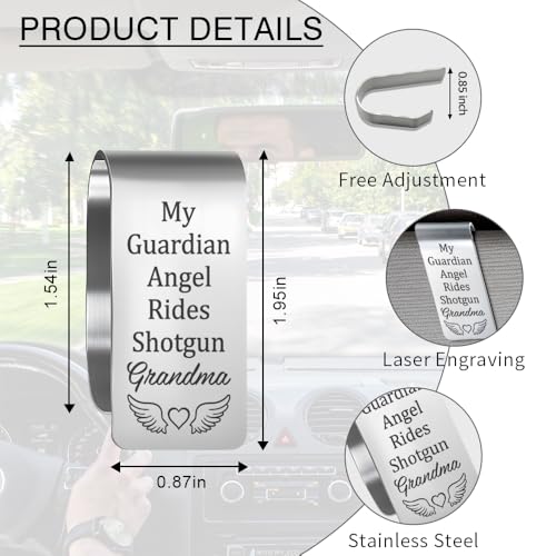 My Guardian Angel Grandma Engraved Stainless Steel Car Visor Clip, Funny Safe Driving Gifts for Grandson Granddaughter, Travel Visor Car Accessories for Sweet 16 Birthday Gifts for New Driver - color: silver034