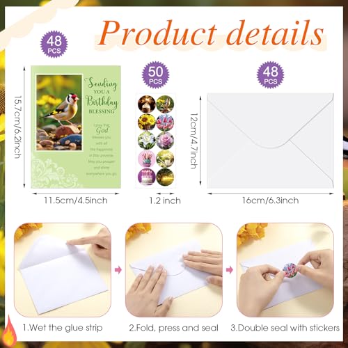 Motiskyy 48 Pack Religious Christian Birthday Cards Bulk with Scripture Assorted Bible Verse 4.5 x 6.2 Inch Christian Blessings Birthday Greeting Cards with Envelopes and Stickers (Warm Message Style) - style: Warm Message Style